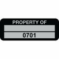 Lustre-Cal Property ID Label PROPERTY OF 5 Alum Black 2in x 0.75in 1 Blank Pad & Serialized 0701-0800, 100PK 253740Ma2K0701